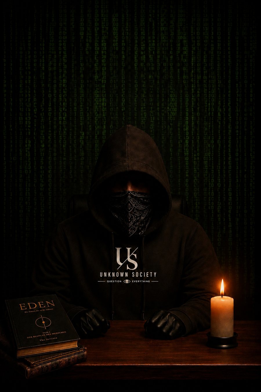Flo Rios als vermummte Gestalt vor fallendem Matrix-Code, daneben Kerze und Bücher